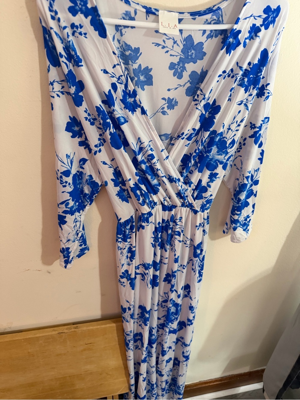 L.I.A.Love Is All Size 2x Blue Floral Maxi Wrap Dress with V-Neck
